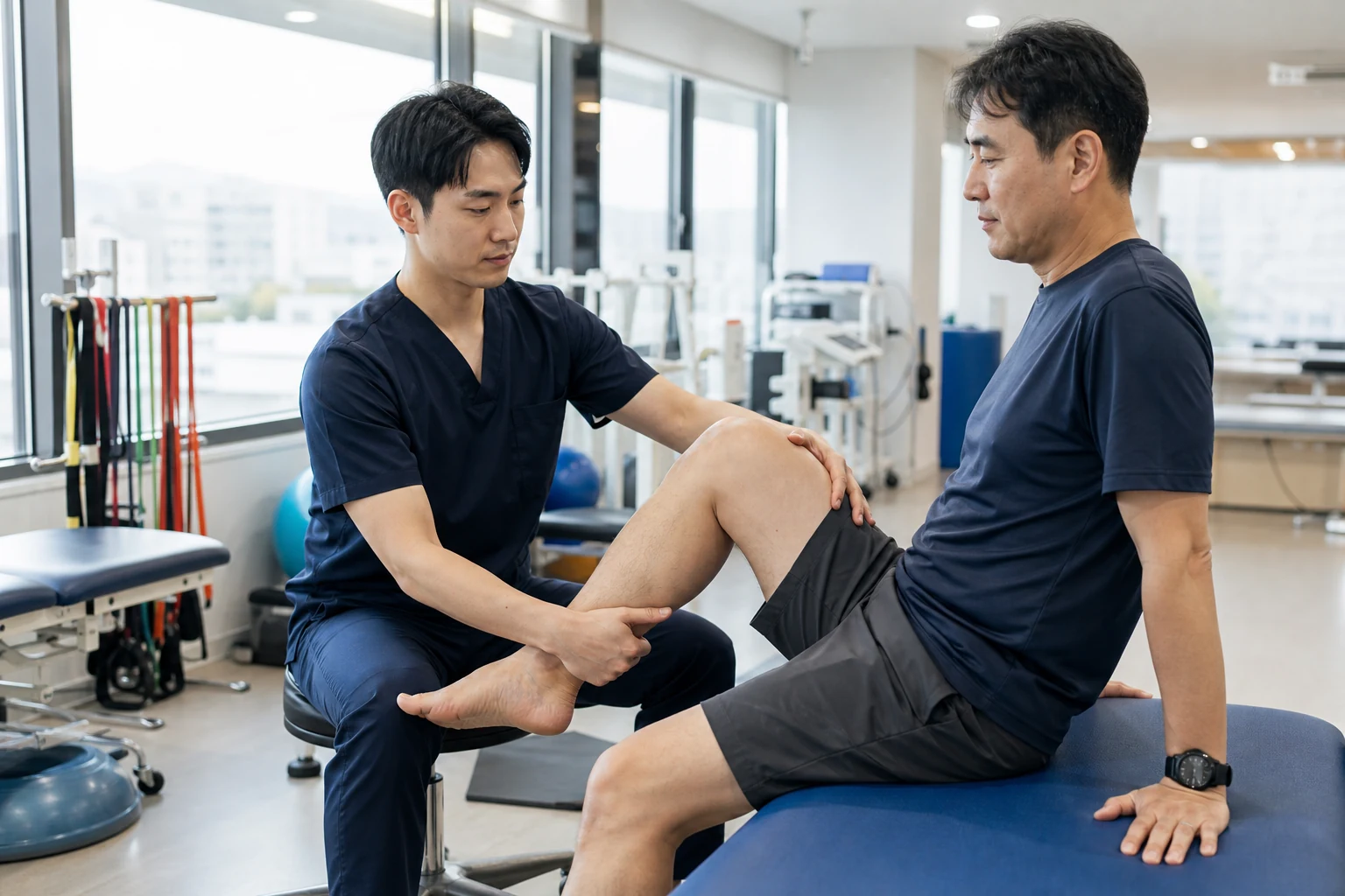 밝은 재활 치료실에서 물리치료사가 환자의 관절 운동을 돕는 정형외과 재활 장면