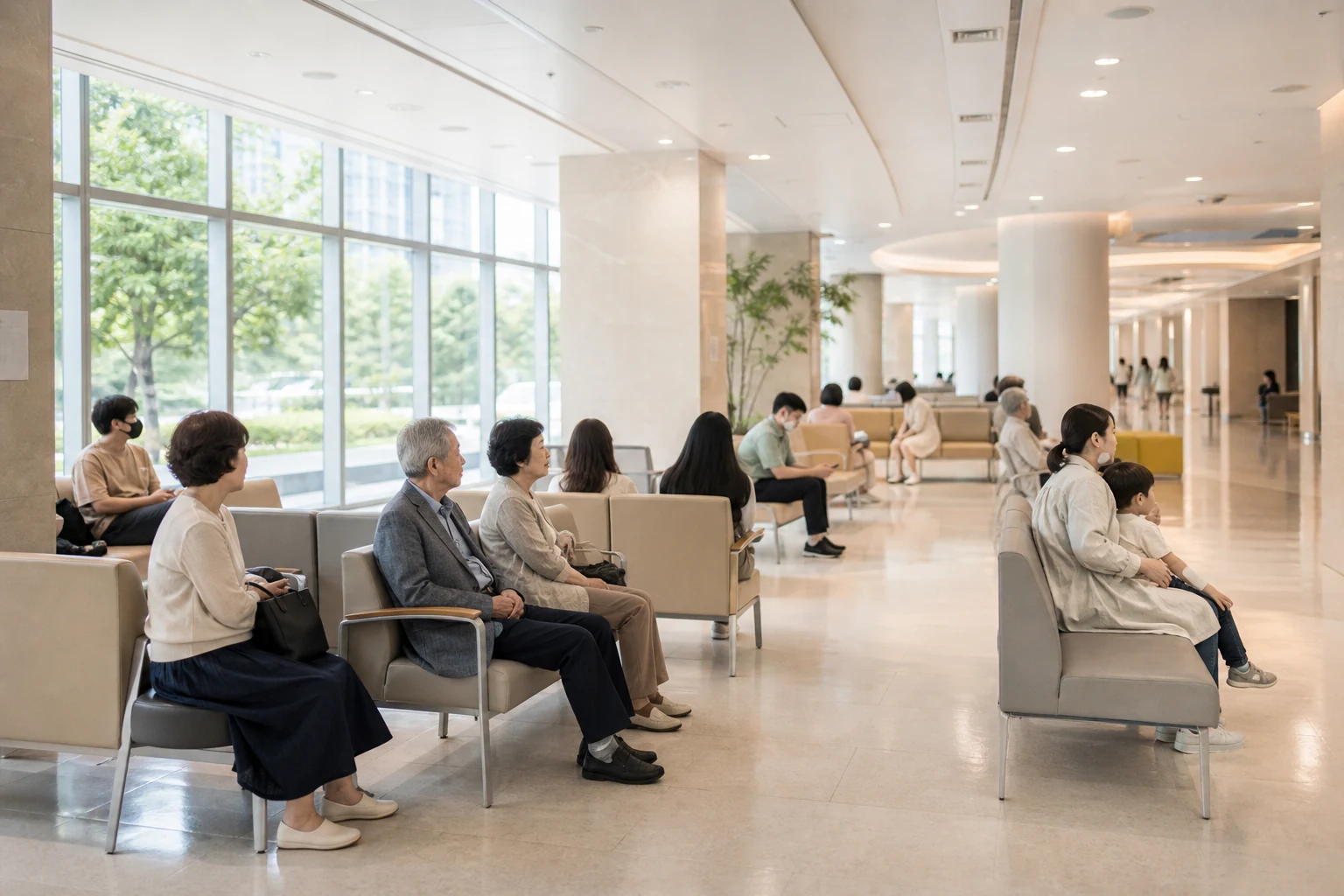 밝은 자연광이 드는 종합병원 내부 대기 공간에서 방문객들이 접수와 진료 순서를 기다리는 차분한 장면