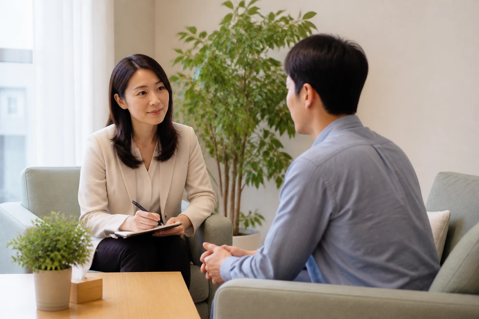 차분한 분위기의 상담실에서 편안하게 마주 앉아 대화하는 상담 장면